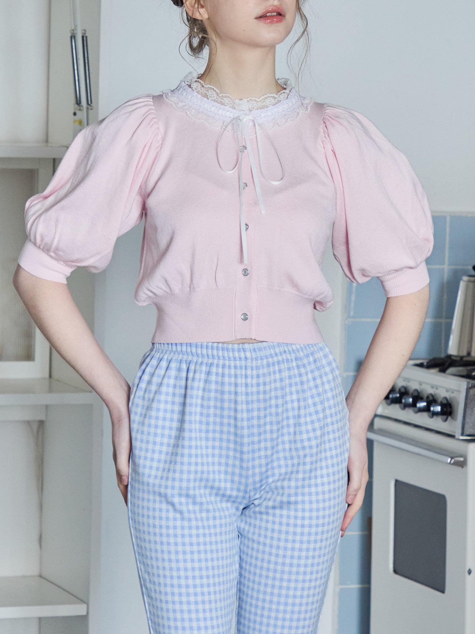Lace collar puff sleeve cardigan ピンク size:M model:171cm ANIUTA