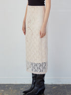 Ribbon embroidered lace tight skirt ピンク