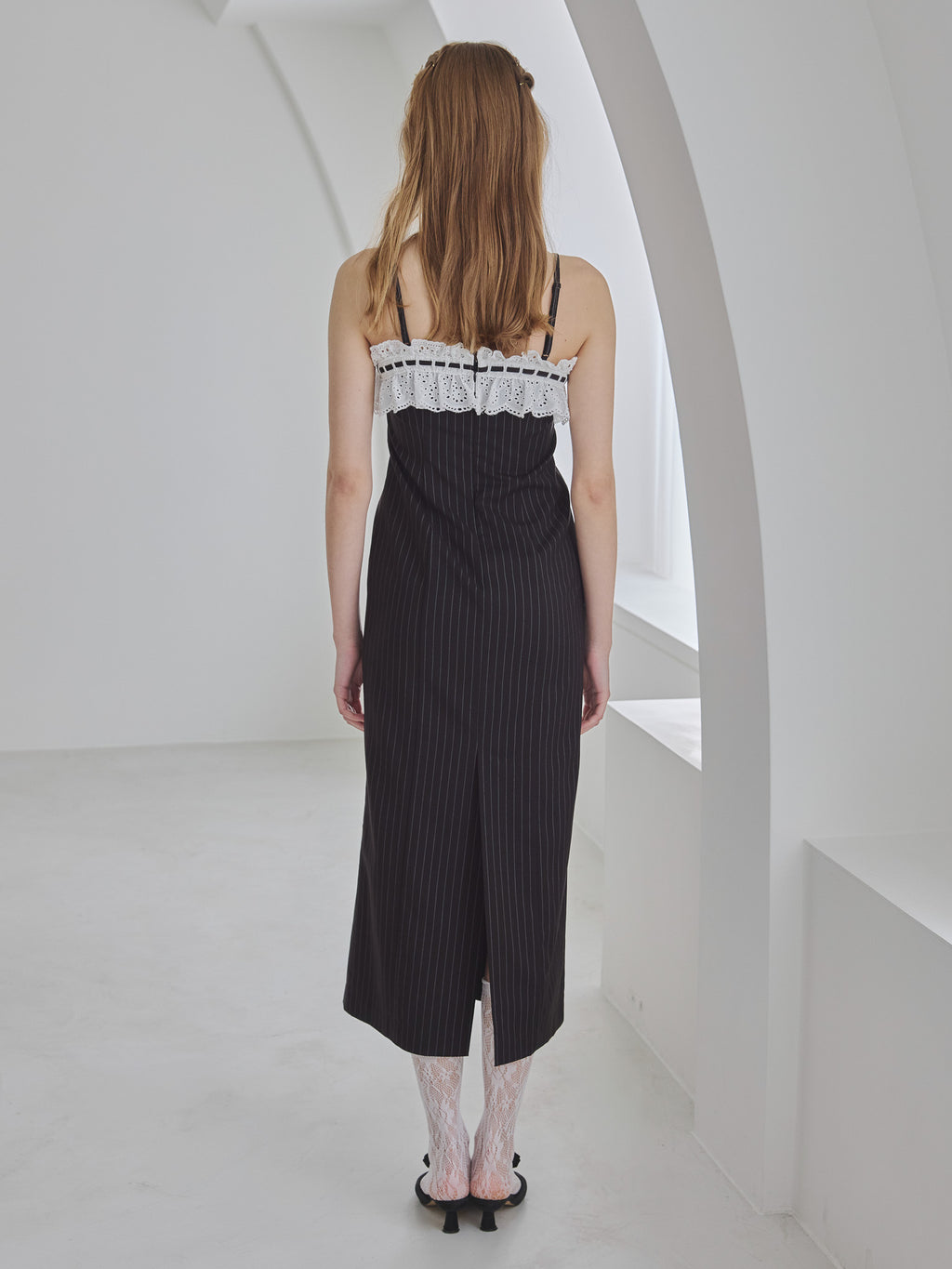 Lace ribbon stripe tight dress ブラック size:M model:175cm MARTA