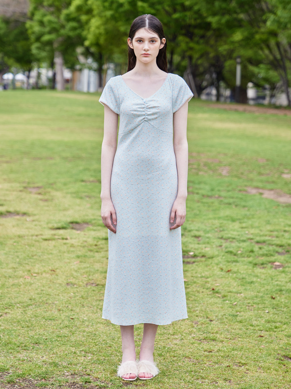Back open print cut dress サックス size:M model:170cm ALICE