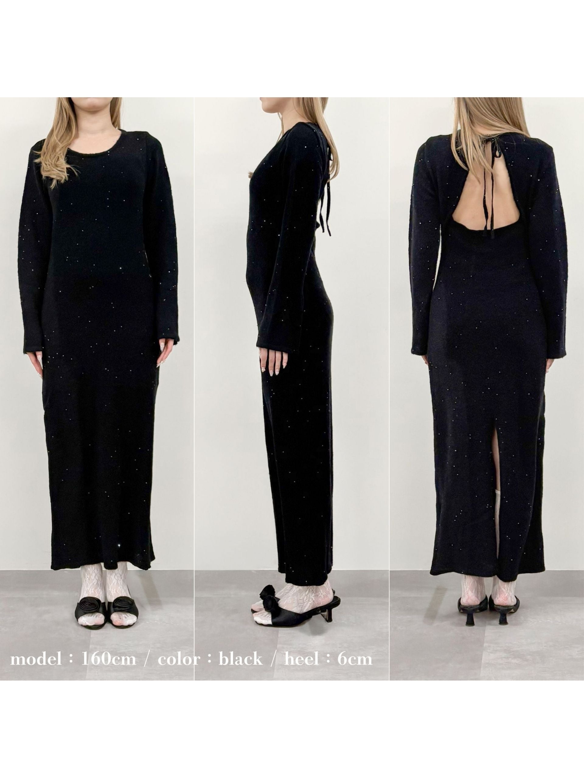 Back open shiny knit dress ブラック