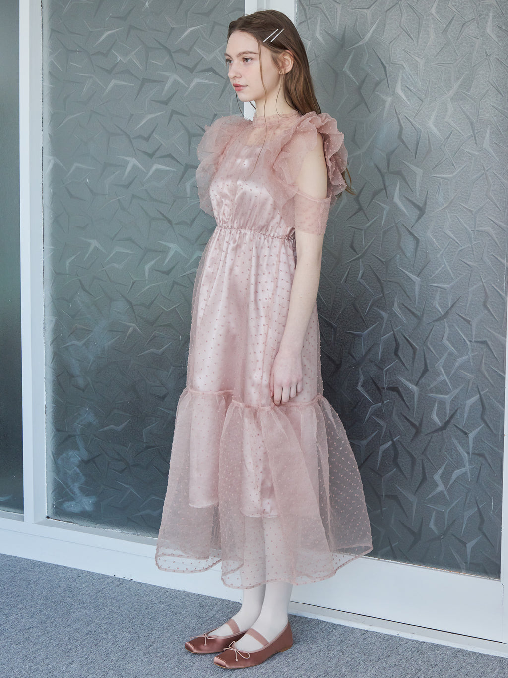 Dot organdy dress ピンクベージュ size:M model:171cm ANIUTA