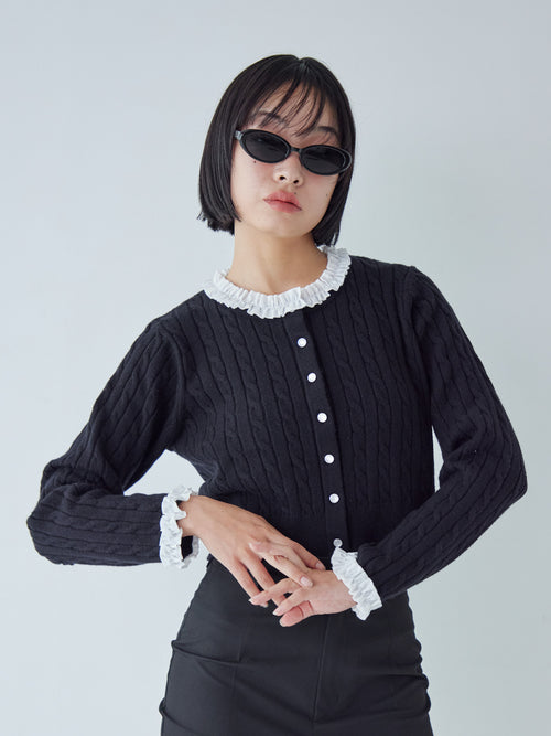 Frilly cable knit cardigan ブラック size:M model:161cm 富樫かなえ