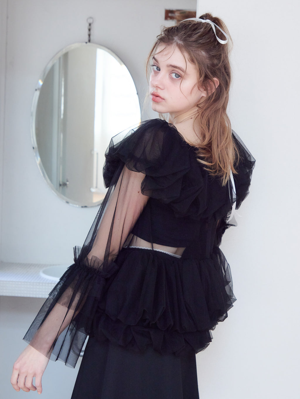 Rose tulle off shoulder blouse ブラック size:M model:174cm KATERYNA