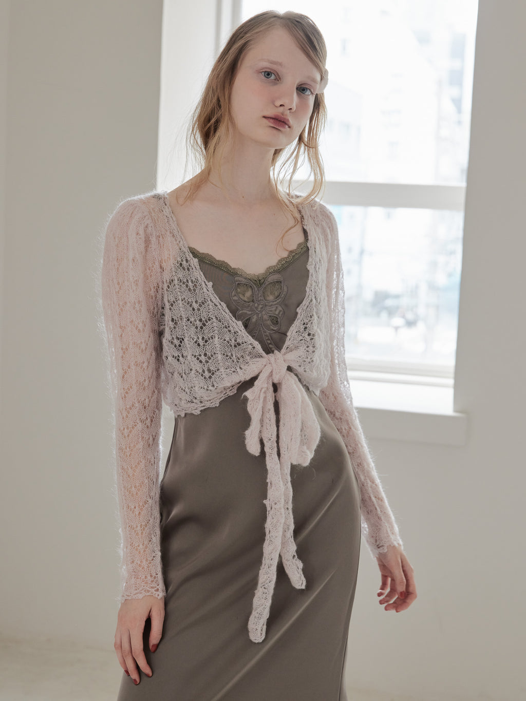 Mohair crochet ribbon cardigan ピンク size:M model:173cm DASHA.G