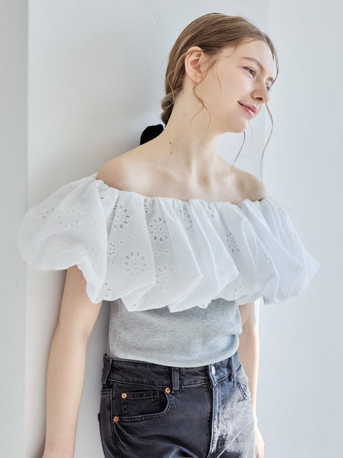 Embroidered balloon collar knit top グレー size:M model:171cm ANIUTA