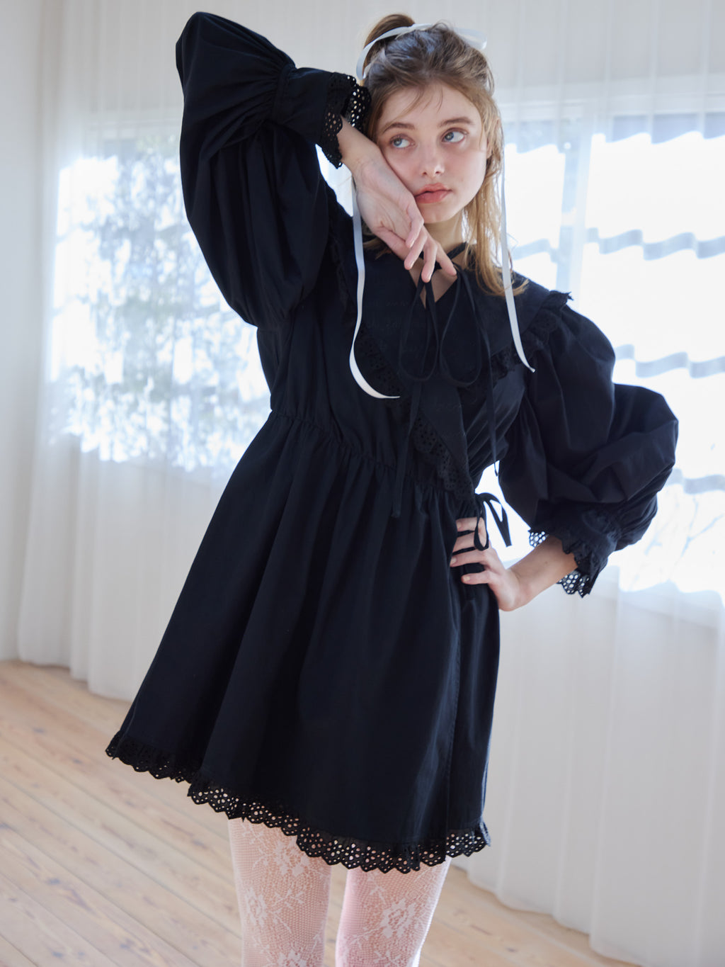 French letter collar wrap mini dress ブラック size:M model:174cm KATERYNA