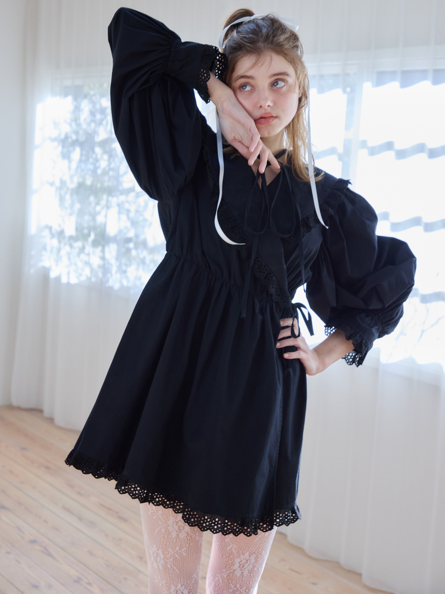 French letter collar wrap mini dress ブラック size:M model:174cm KATERYNA