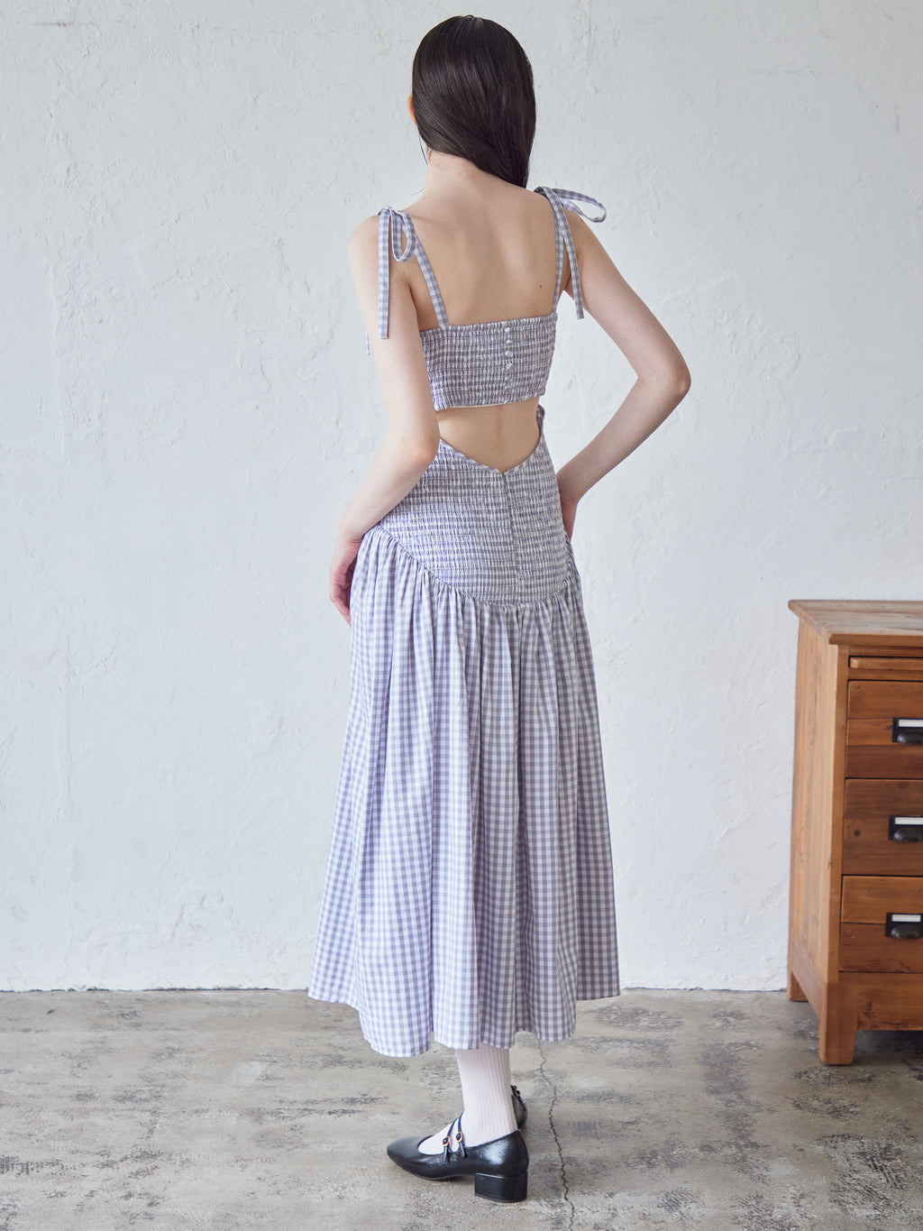Gingham check back open dress ライトグレー size:M model:170cm ALICE
