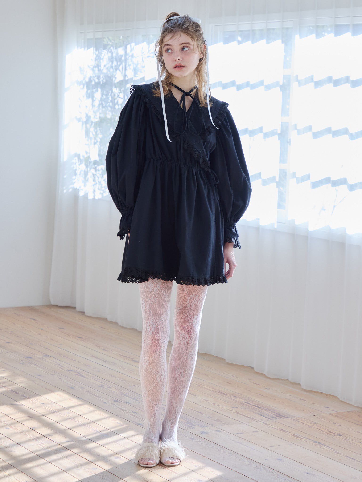 French letter collar wrap mini dress ブラック size:M model:174cm KATERYNA