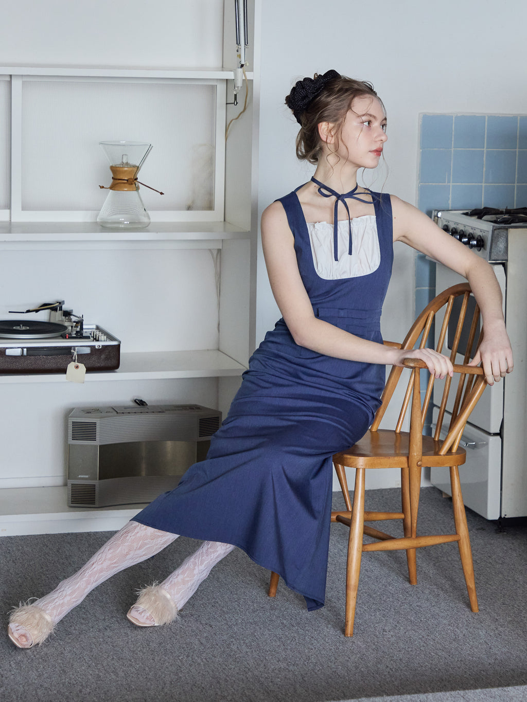 Ribbon waist dress ブルー size:M model:171cm ANIUTA