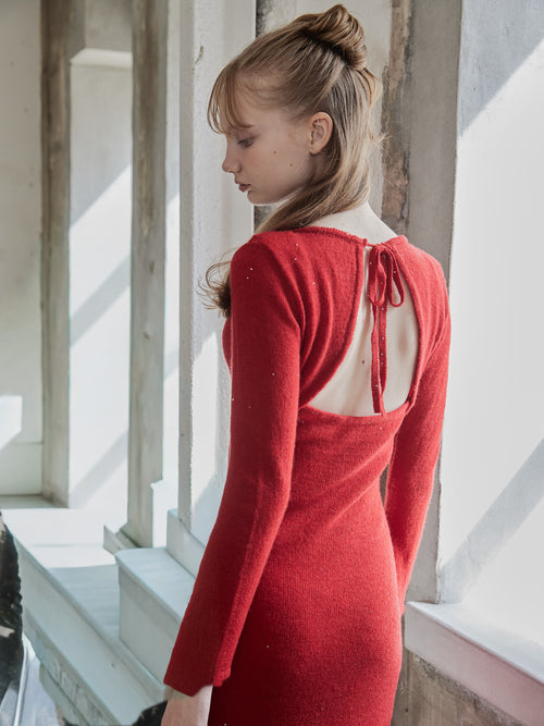 Back open shiny knit dress レッド size:M model:173cm DASHA.G