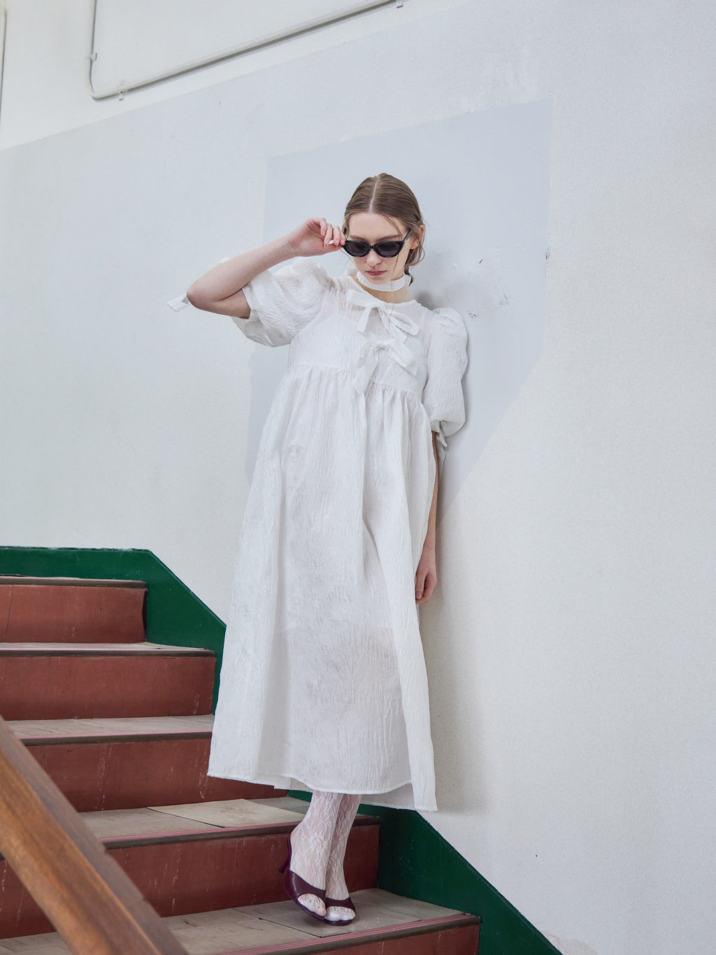 Ribbon jaquard volume dress ホワイト size:M model:171cm ANIUTA