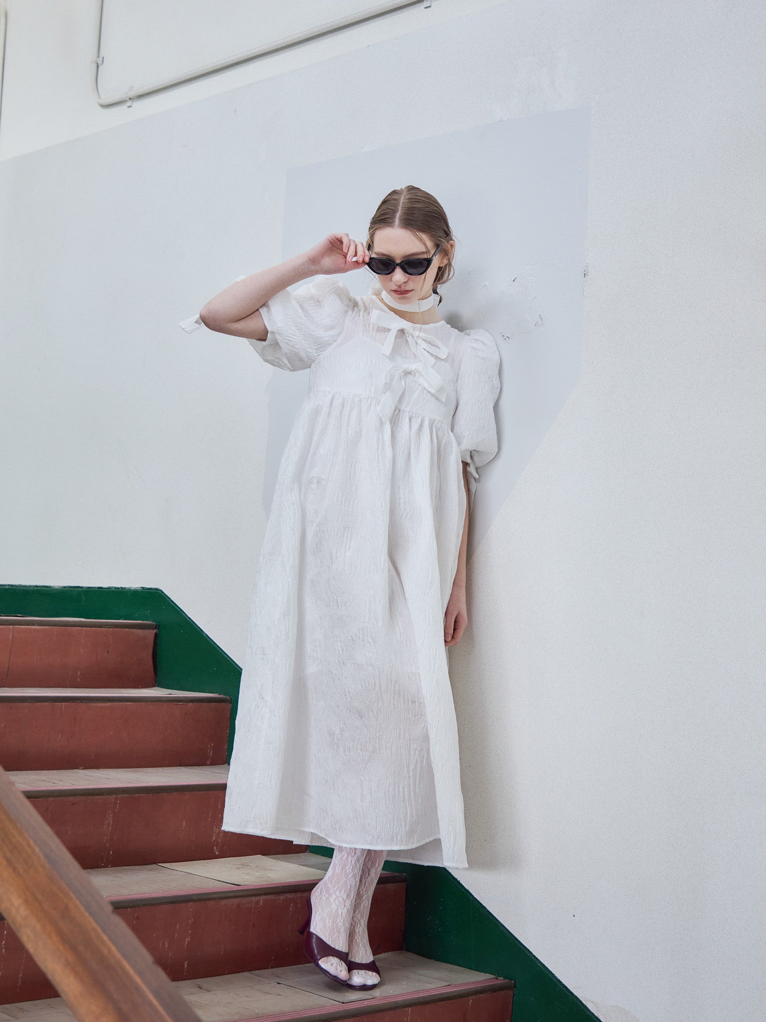 Ribbon jaquard volume dress ホワイト size:M model:171cm ANIUTA