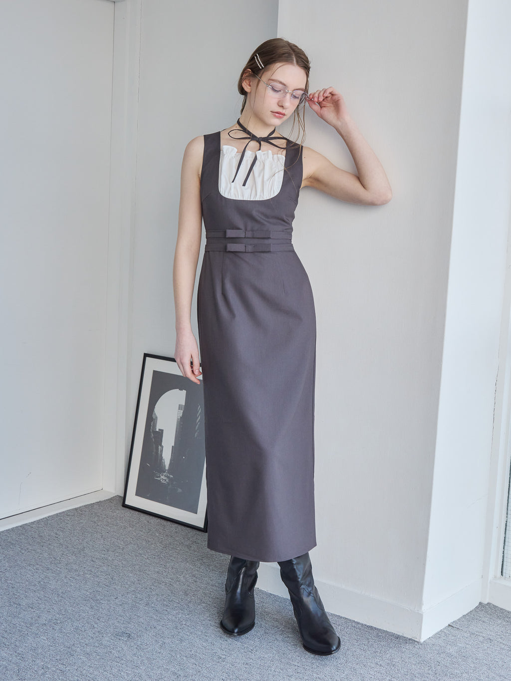 Ribbon waist dress グレー size:M model:171cm ANIUTA