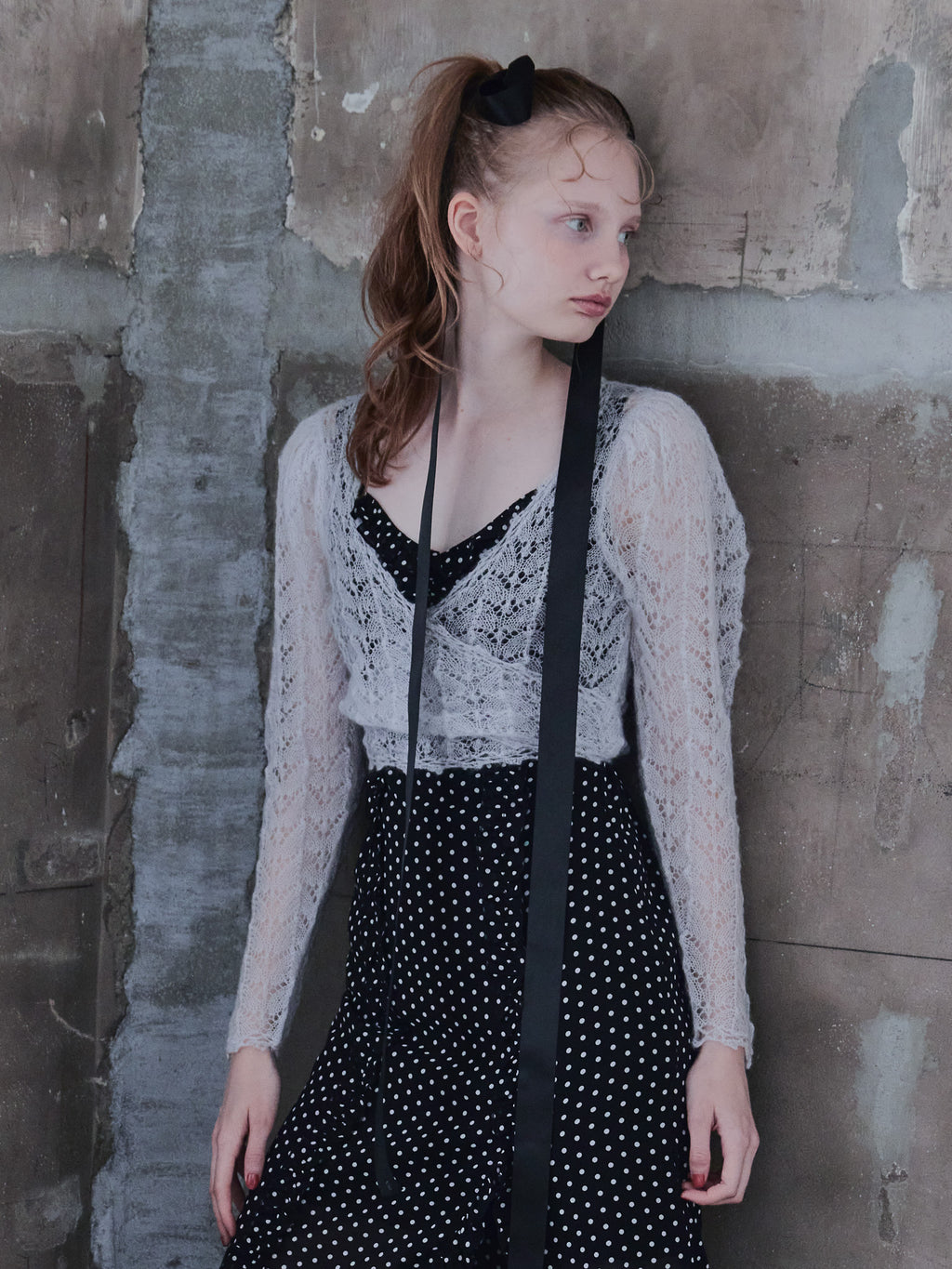Mohair crochet ribbon cardigan ライトグレー size:M model:173cm DASHA.G