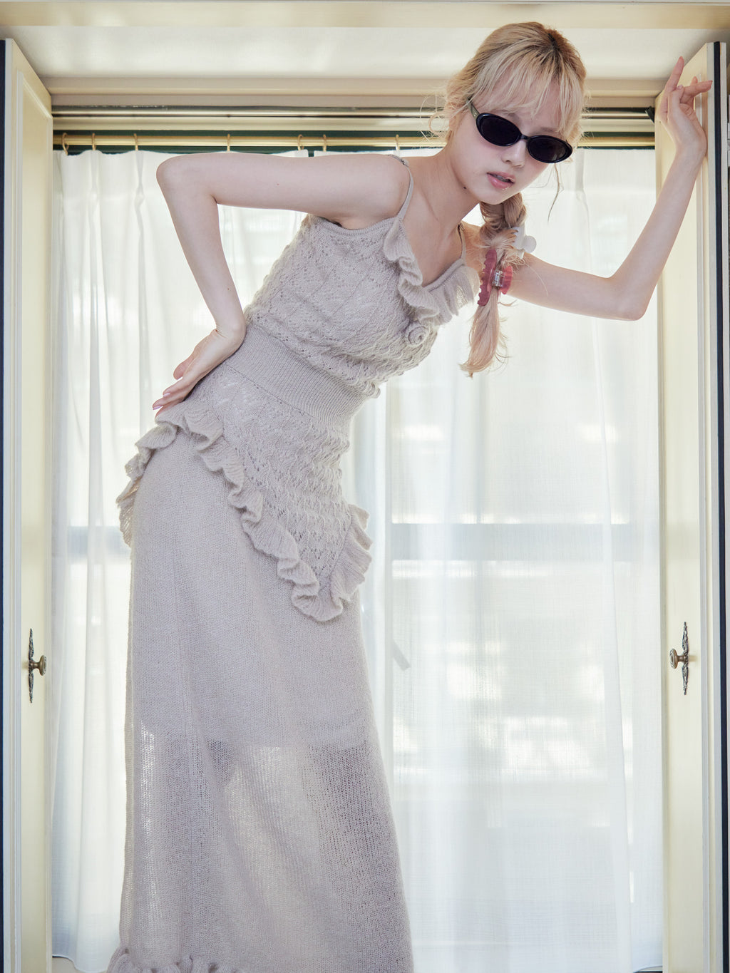 Mohair crochet cami dress モカ size:M model:163cm MINAMI