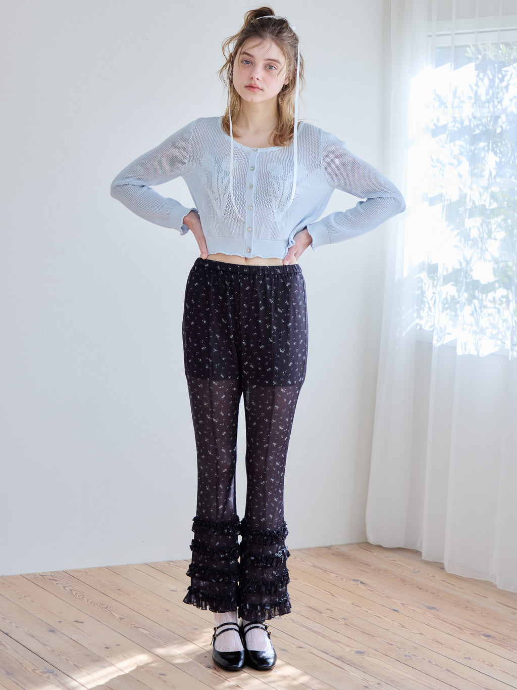 Frill tulle print pants ブラック size:M model:174cm KATERYNA
