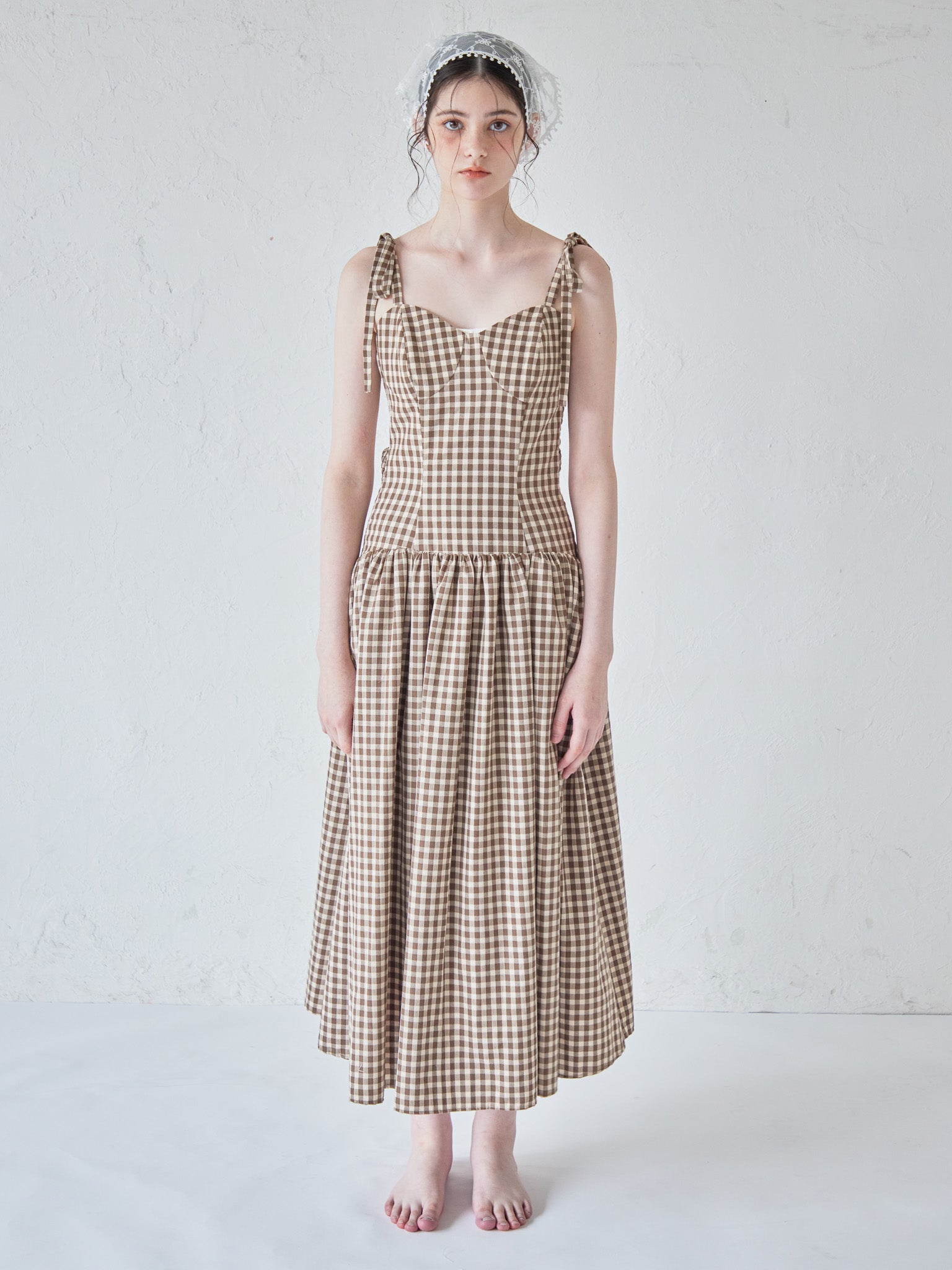 Gingham check back open dress ブラウン size:M model:170cm ALICE