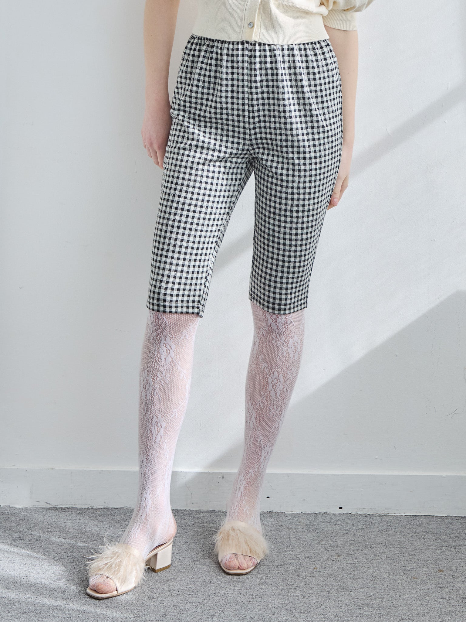 Gingham check sabrina stretch pants ブラック size:M model:171cm ANIUTA