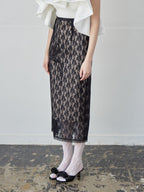 Ribbon embroidered lace tight skirt ブラック