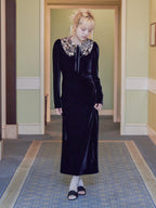Ribbon embroidered velour dress & tippet ブラック size:M model:163cm MINAMI