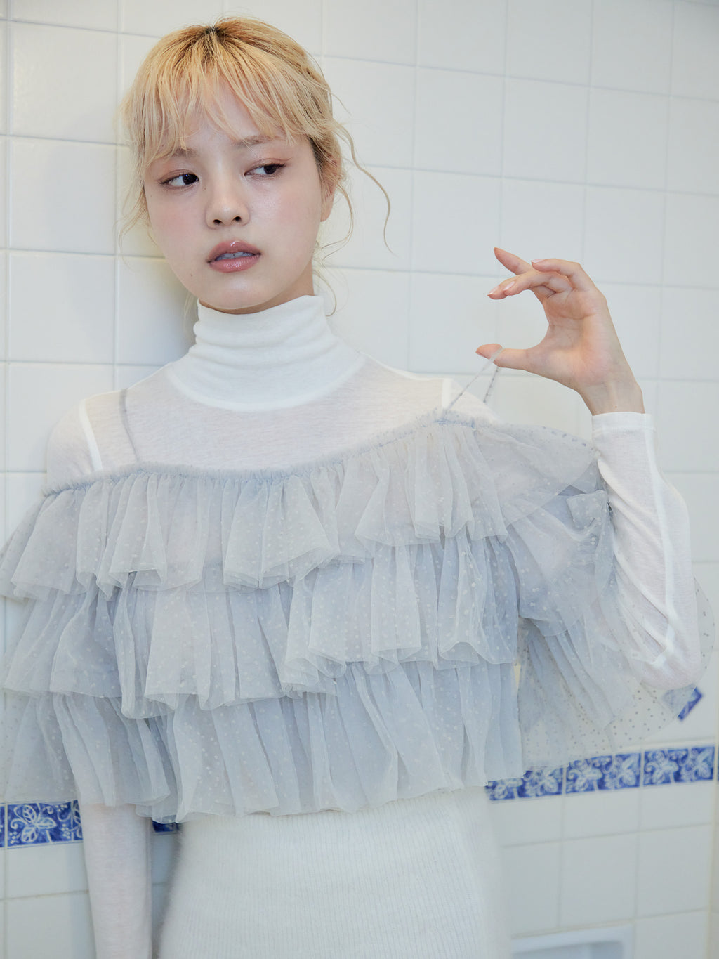 Dot tulle ruffle & knit top set ライトグレー size:M model:163cm MINAMI