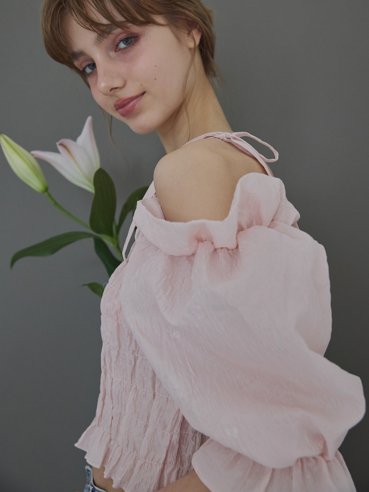 Sheer jacquard off shoulder blouse ピンク size:M model:175cm MARTA