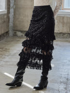Shiny lace tiered skirt ブラック size:M model:173cm DASHA.G