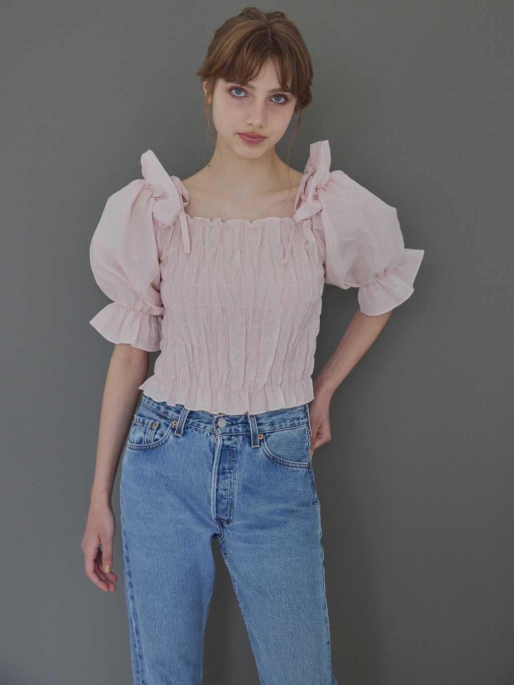 Sheer jacquard off shoulder blouse ピンク size:M model:175cm MARTA