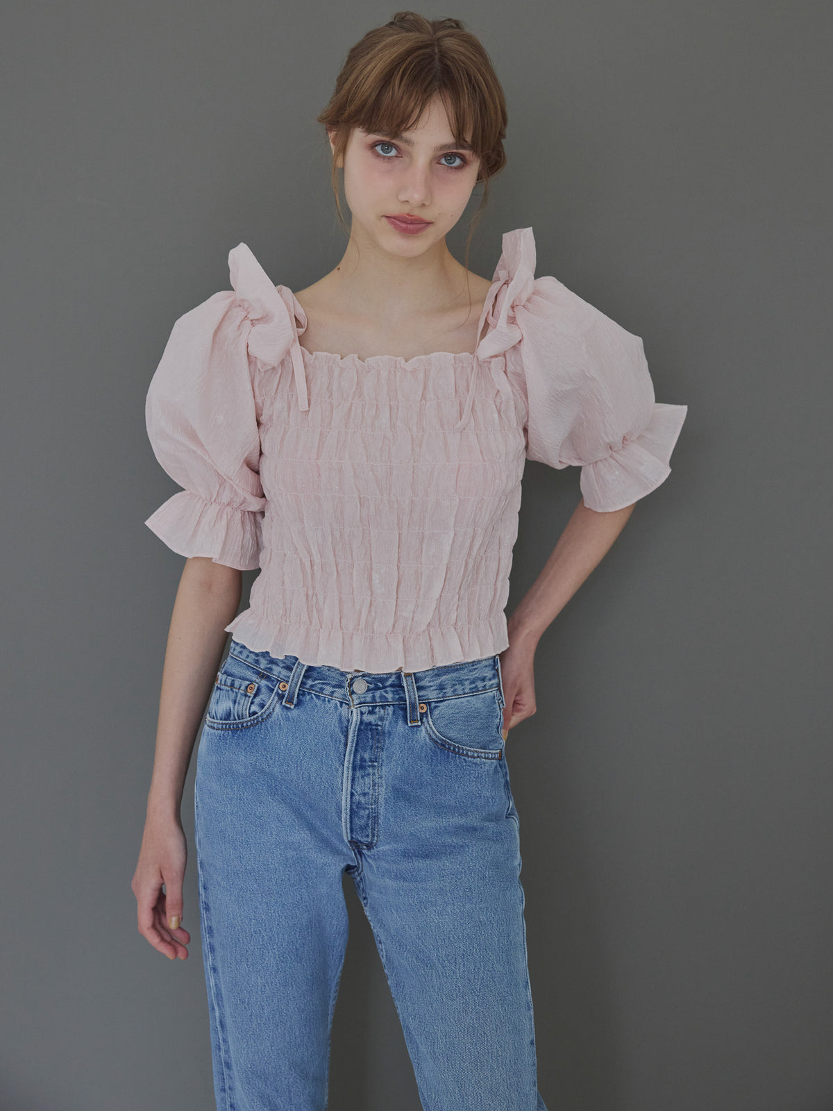 Sheer jacquard off shoulder blouse ピンク size:M model:175cm MARTA
