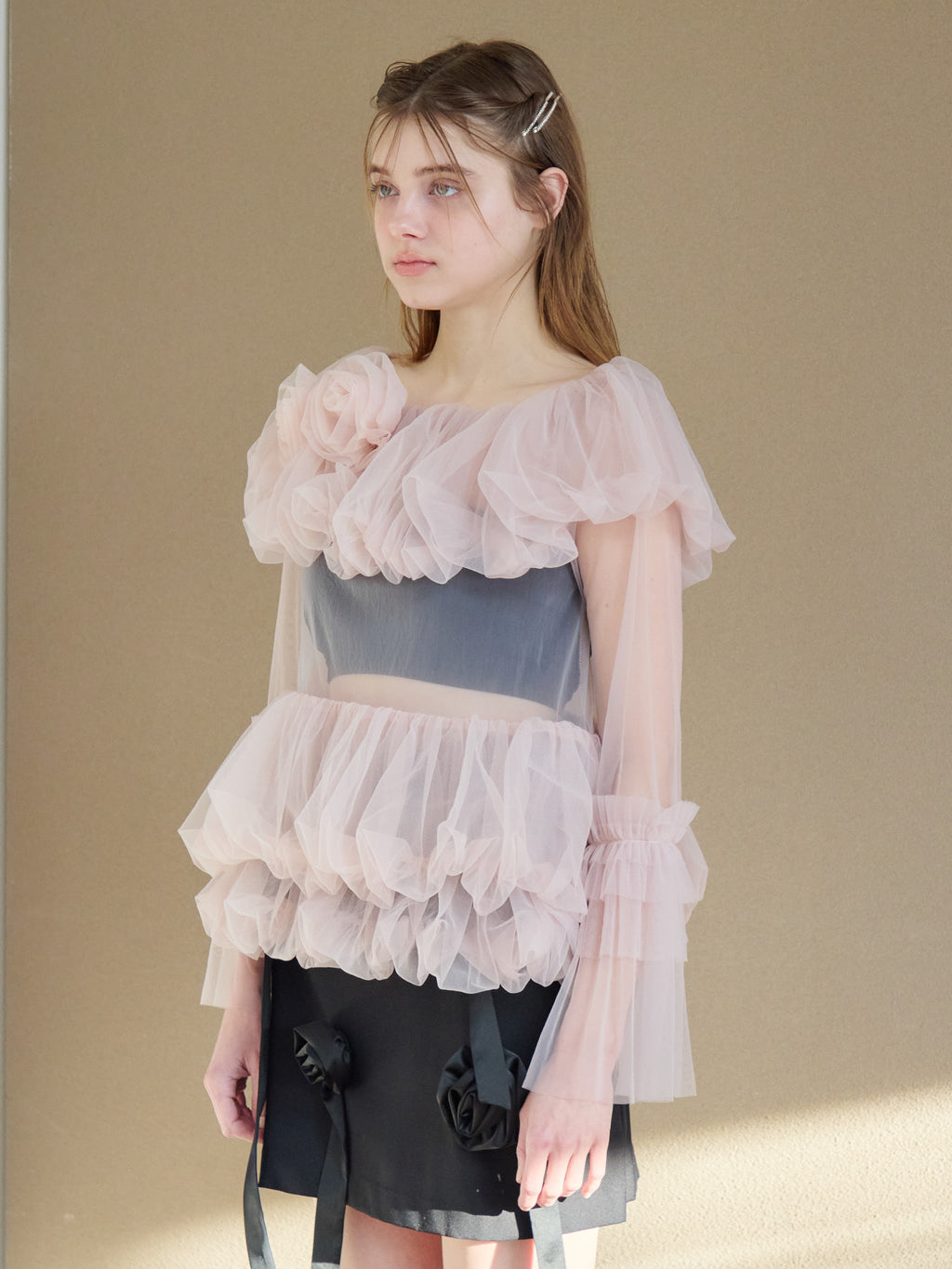 Rose tulle off shoulder blouse ピンク size:M model:174cm KATERYNA
