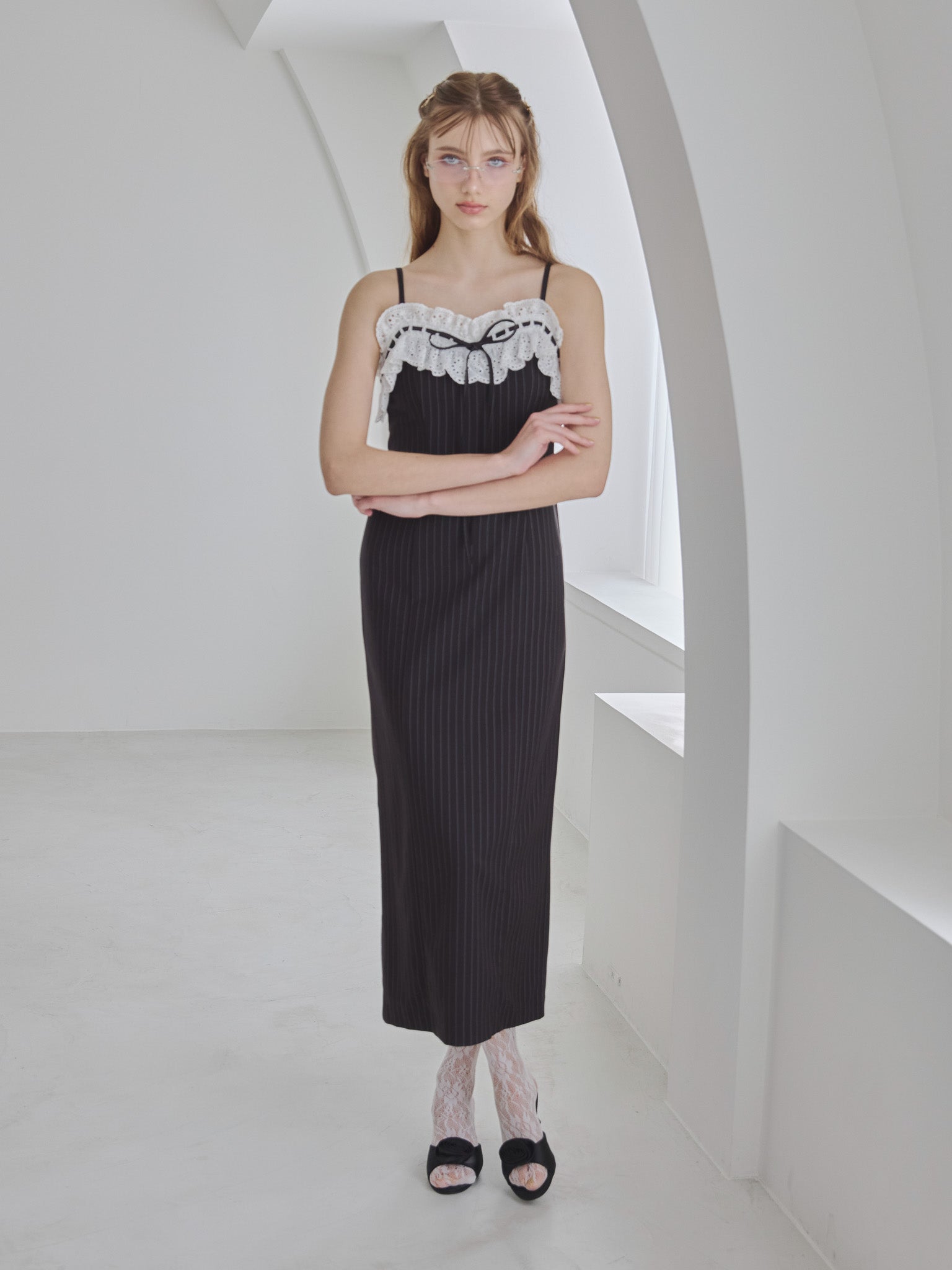 Lace ribbon stripe tight dress ブラック size:M model:175cm MARTA