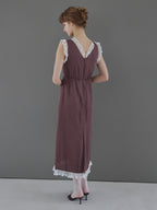 Lace trim satin ribbon dress モカ size:M model:175cm MARTA