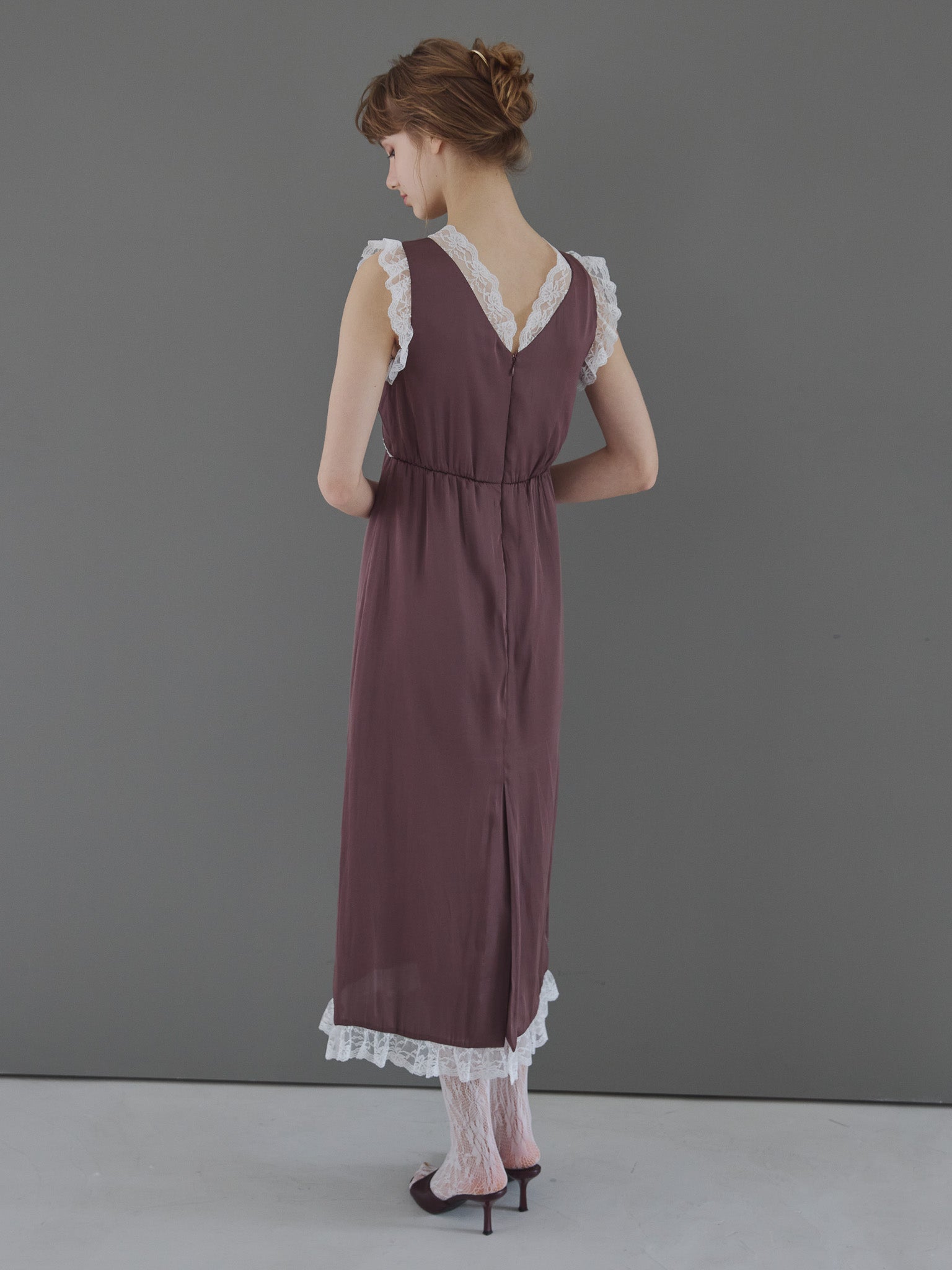 Lace trim satin ribbon dress モカ size:M model:175cm MARTA