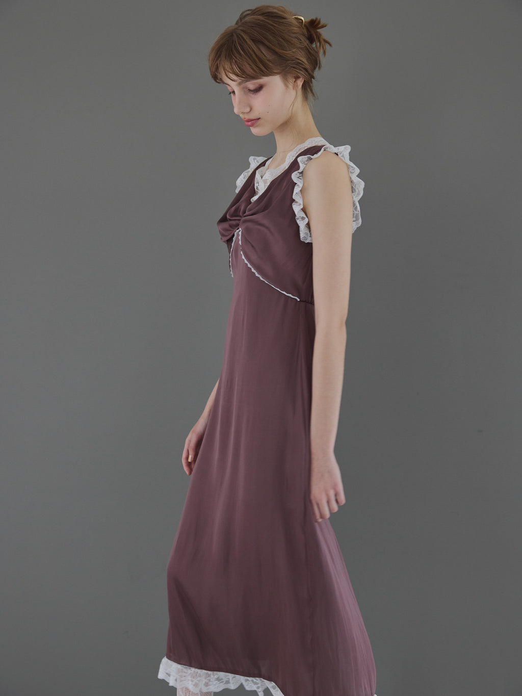 Lace trim satin ribbon dress モカ size:M model:175cm MARTA
