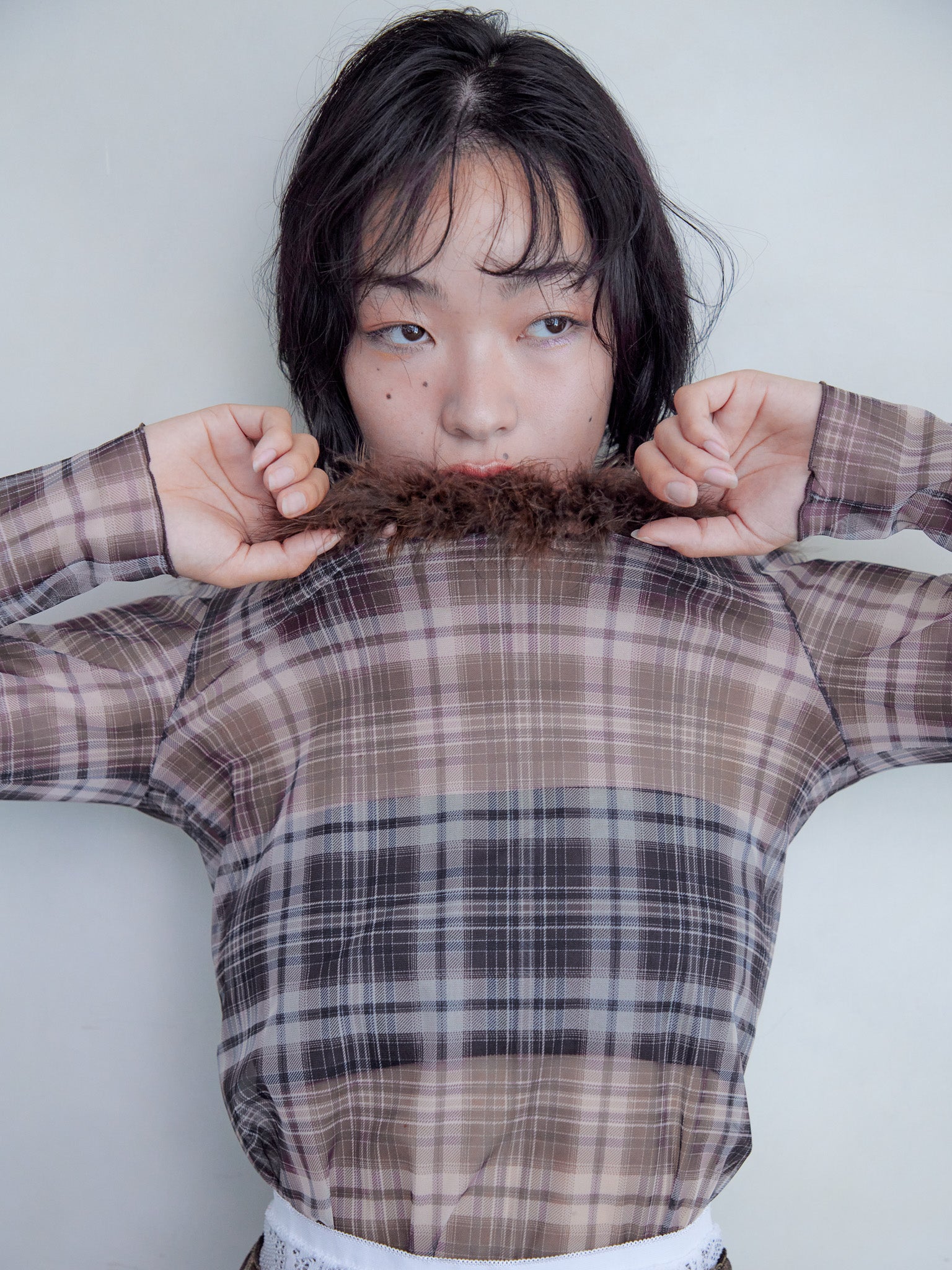 Fur trimmed sheer top ブラウン size:M model:161cm 富樫かなえ