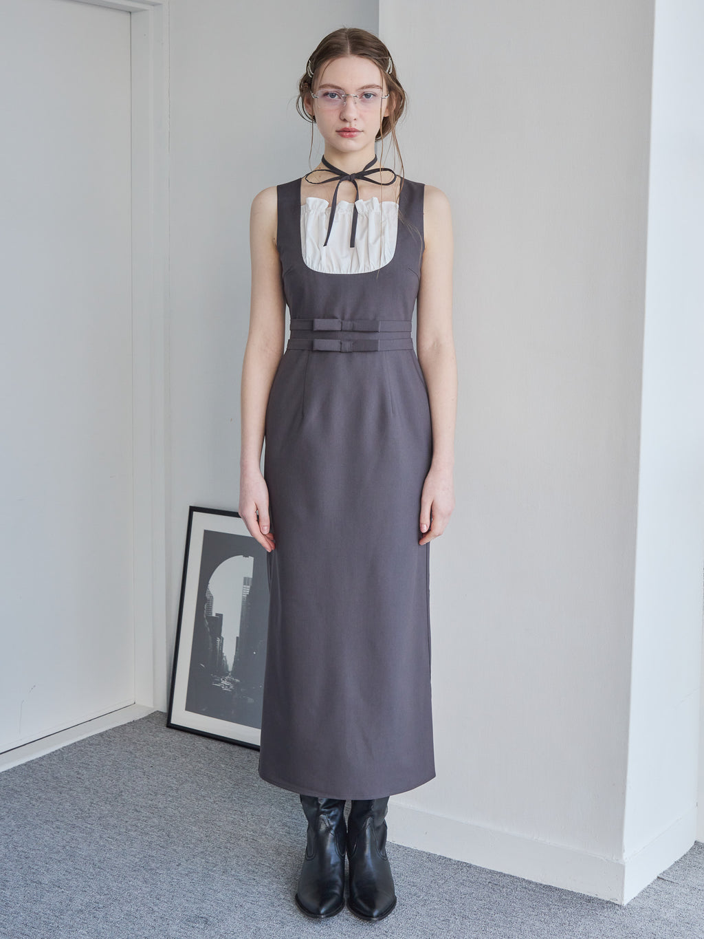 Ribbon waist dress グレー size:M model:171cm ANIUTA