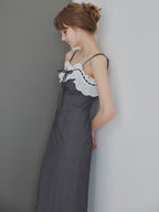 Lace ribbon stripe tight dress グレー size:M model:175cm MARTA