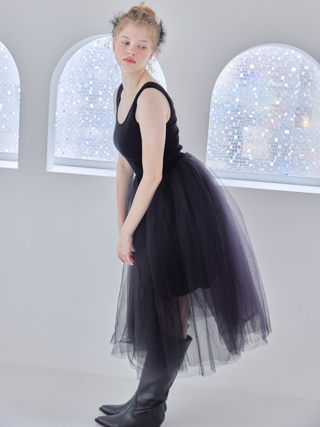 Volume tulle skirt tank dress ブラック size:M model:173cm Olesia