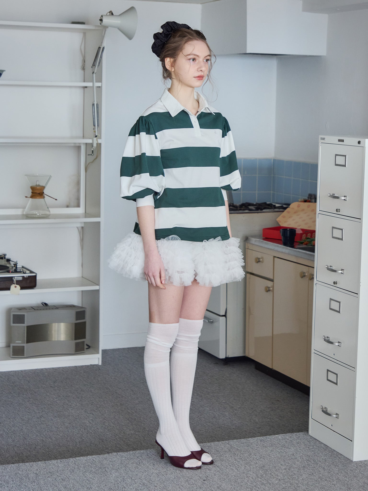 Rugby shirt and frill pants skirt グリーン size:M model:171cm ANIUTA