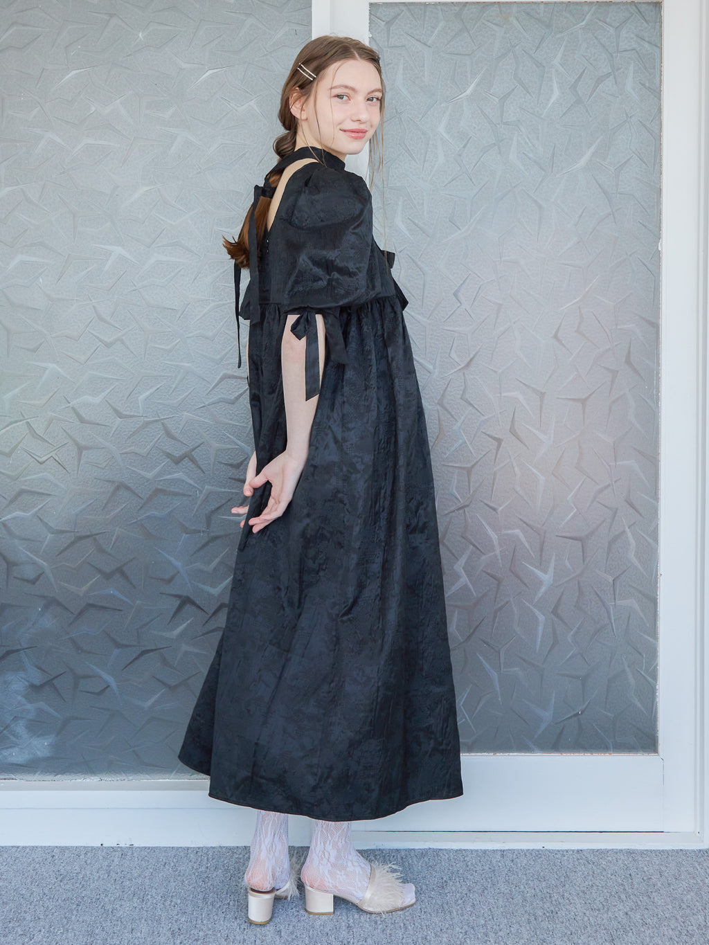 Ribbon jaquard volume dress ブラック size:M model:171cm ANIUTA