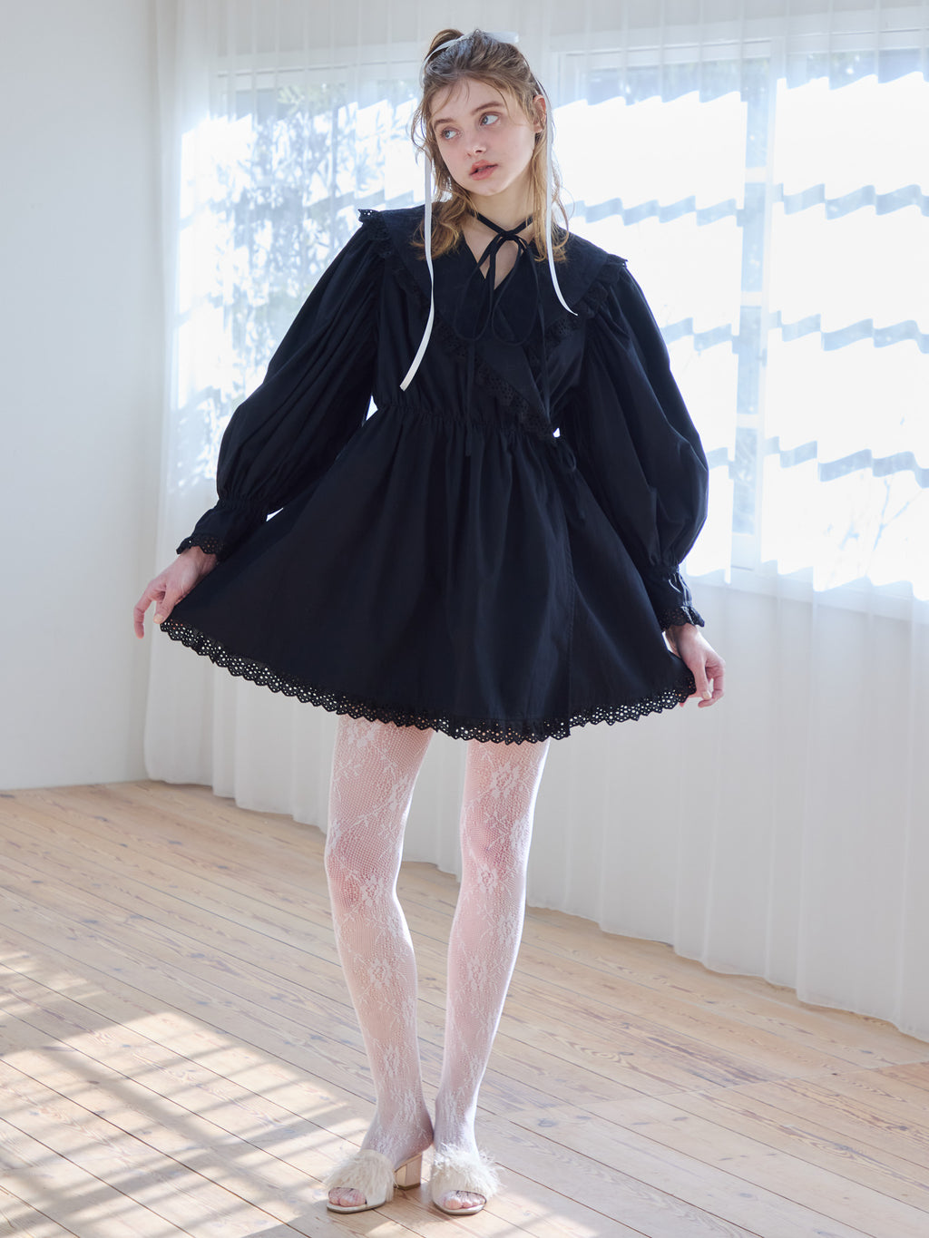 French letter collar wrap mini dress ブラック size:M model:174cm KATERYNA