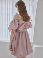 Back ribbon embossed volume mini dress ピンクベージュ size:M model:175cm MARTA