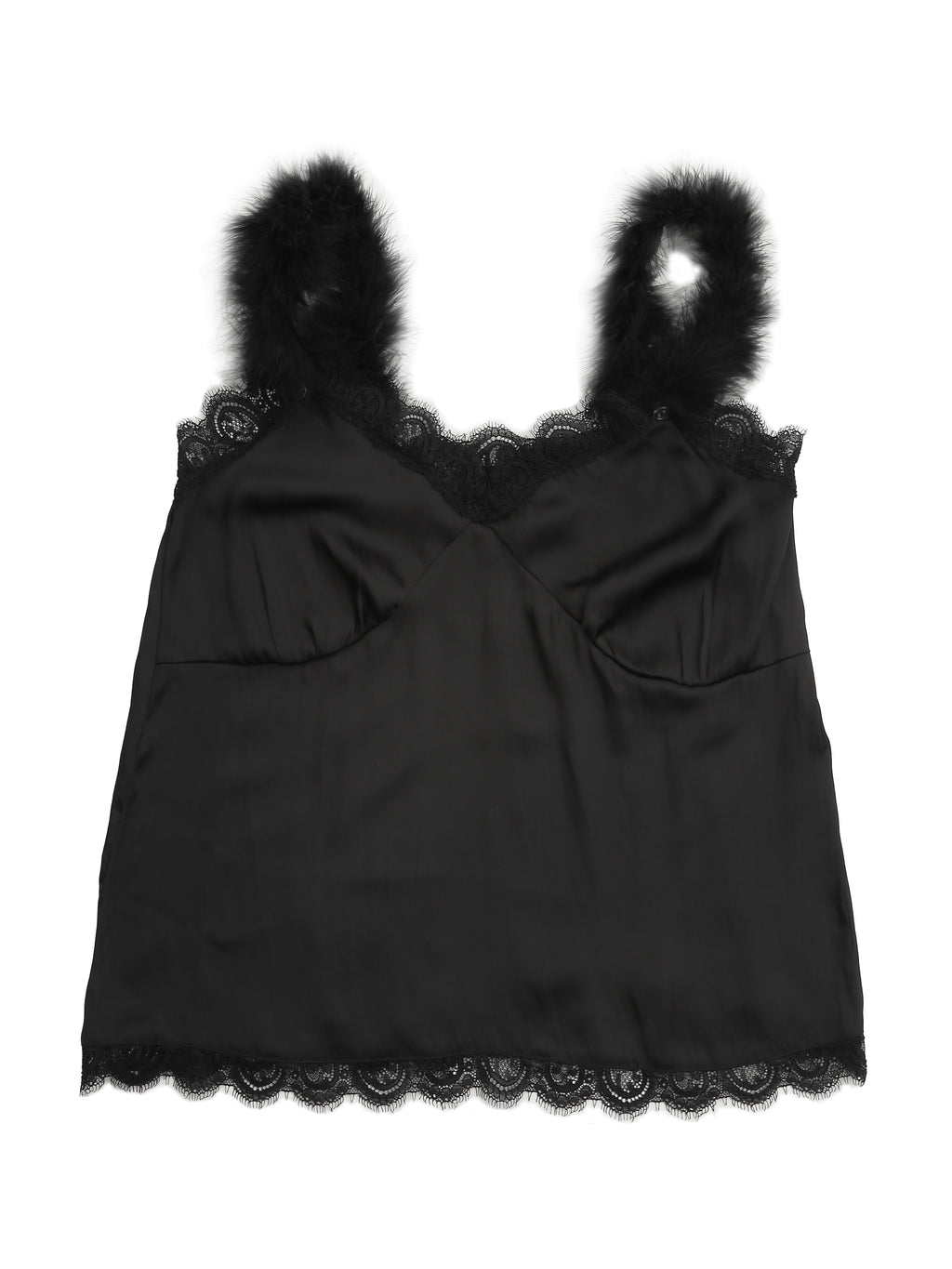 Fur shoulder satin camisole ブラック