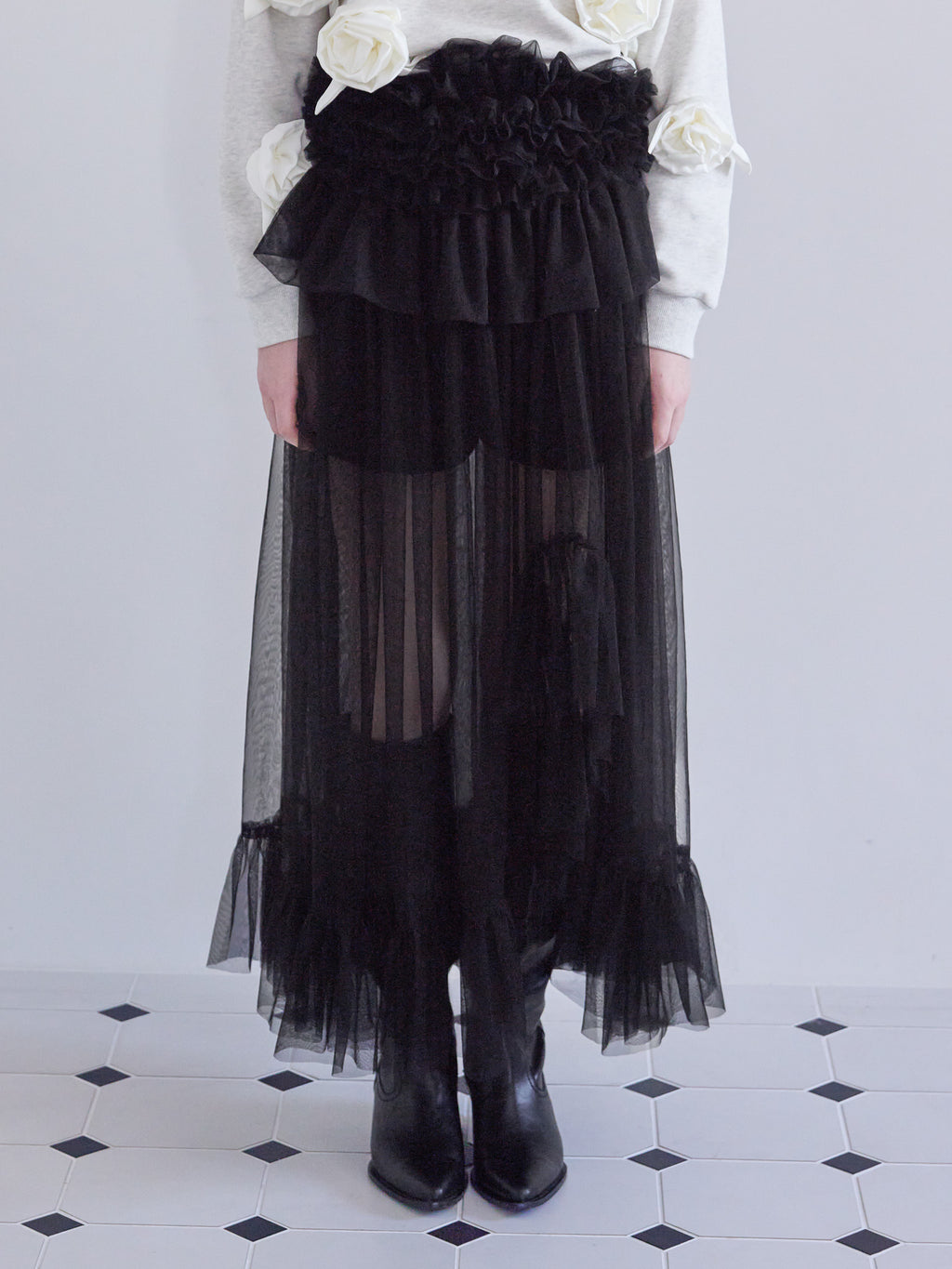 Frill tulle skirt & shorts set ブラック size:M model:173cm ALINA