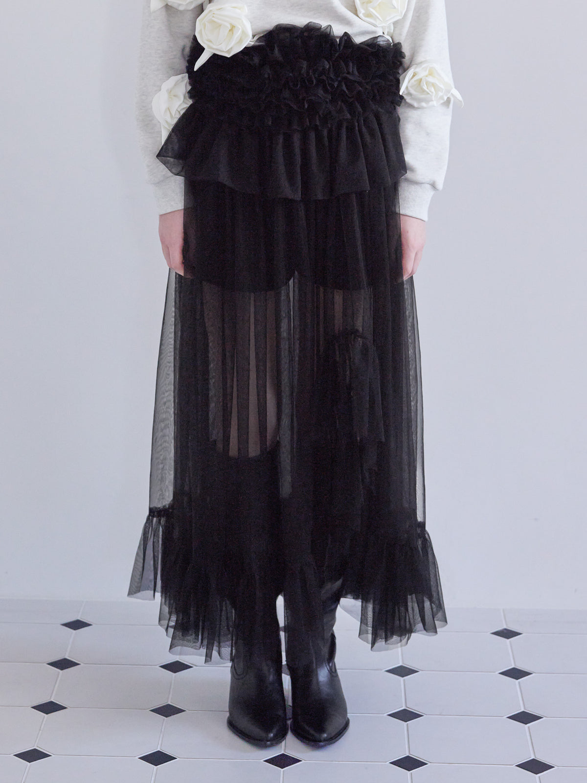 Frill tulle skirt & shorts set ブラック size:M model:173cm ALINA