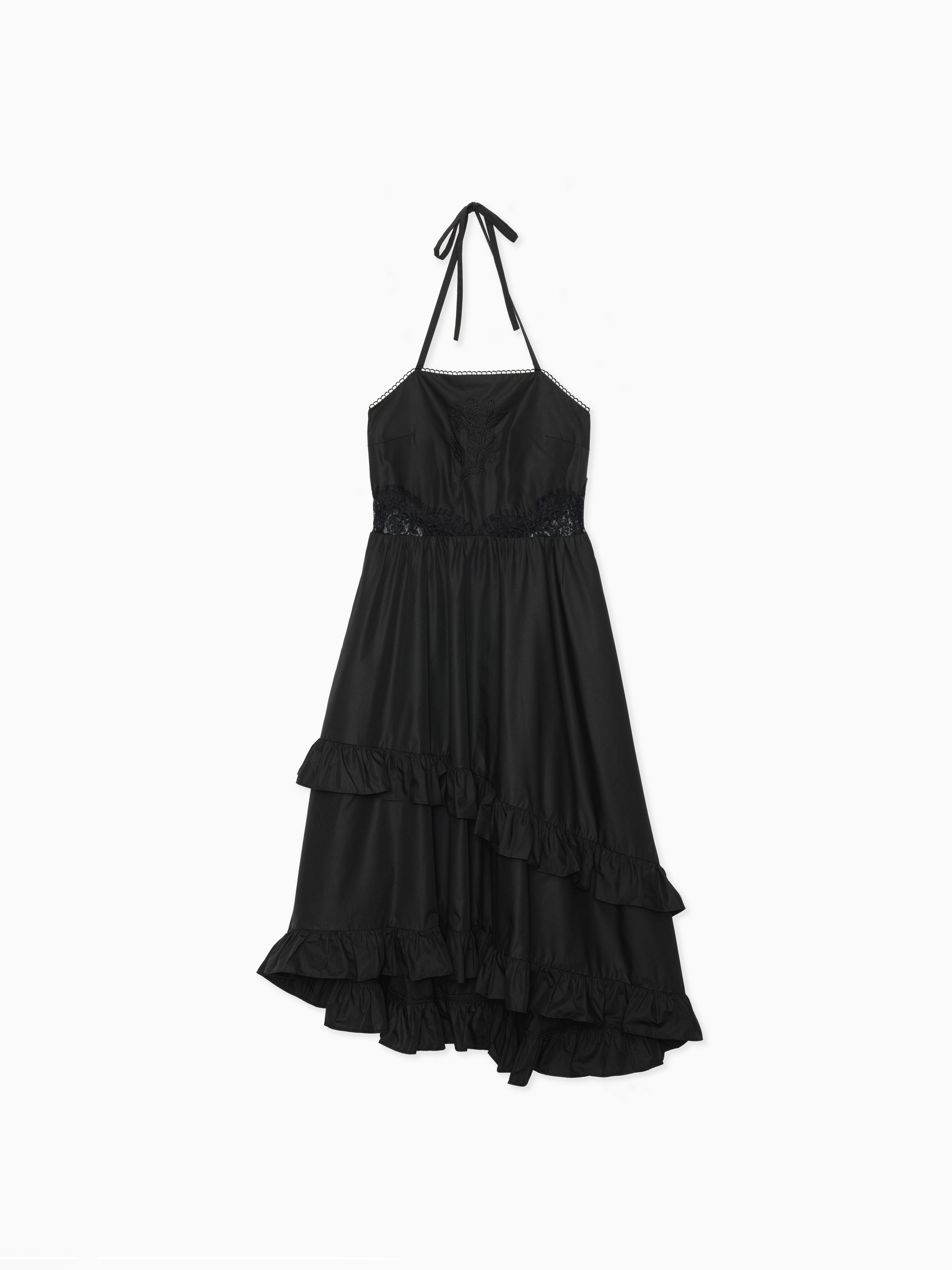 Lily embroidered apron long dress ブラック