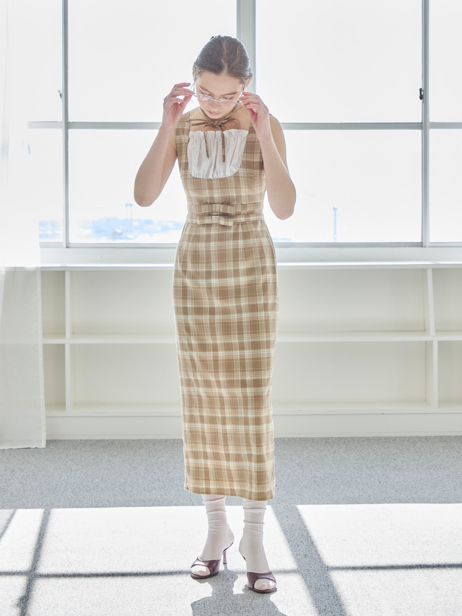 Ribbon waist dress チェック size:M model:171cm ANIUTA