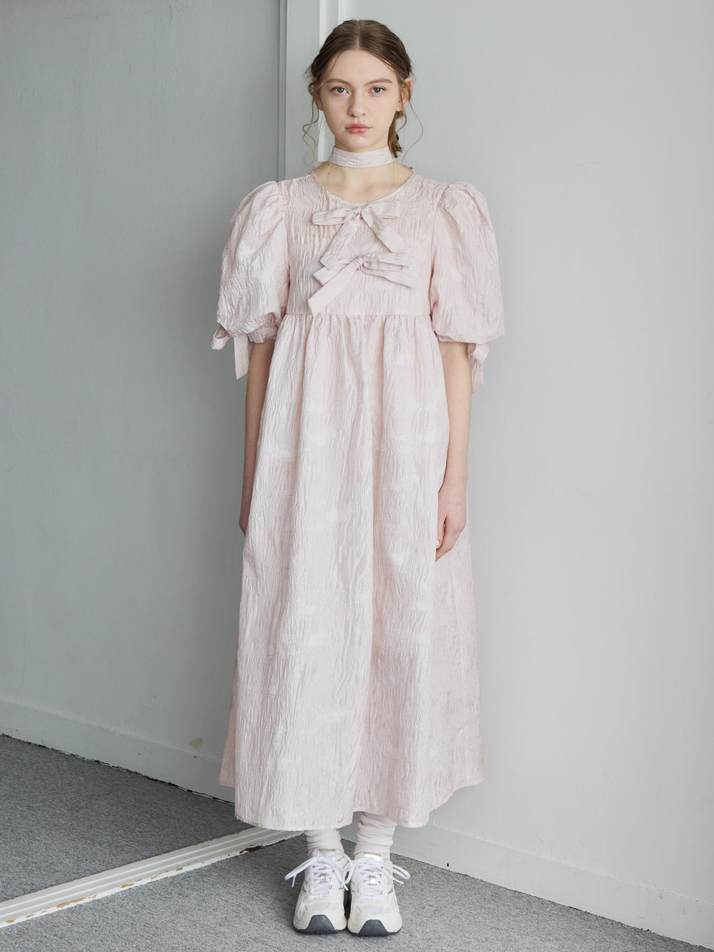 Ribbon jaquard volume dress ピンク size:M model:171cm ANIUTA